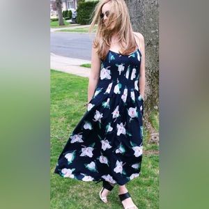 NWT BANANA REPUBLIC Navy Magnolia Print Strappy Midi Fit and Flare Dress